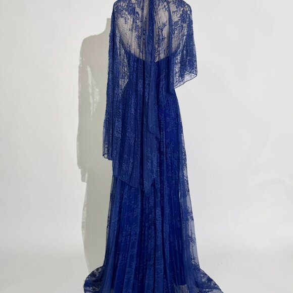 Brand New US 8 Gemy Maalouf Chantilly Lace Maxi Gown with Cape in Royal Blue - Picture 7 of 7